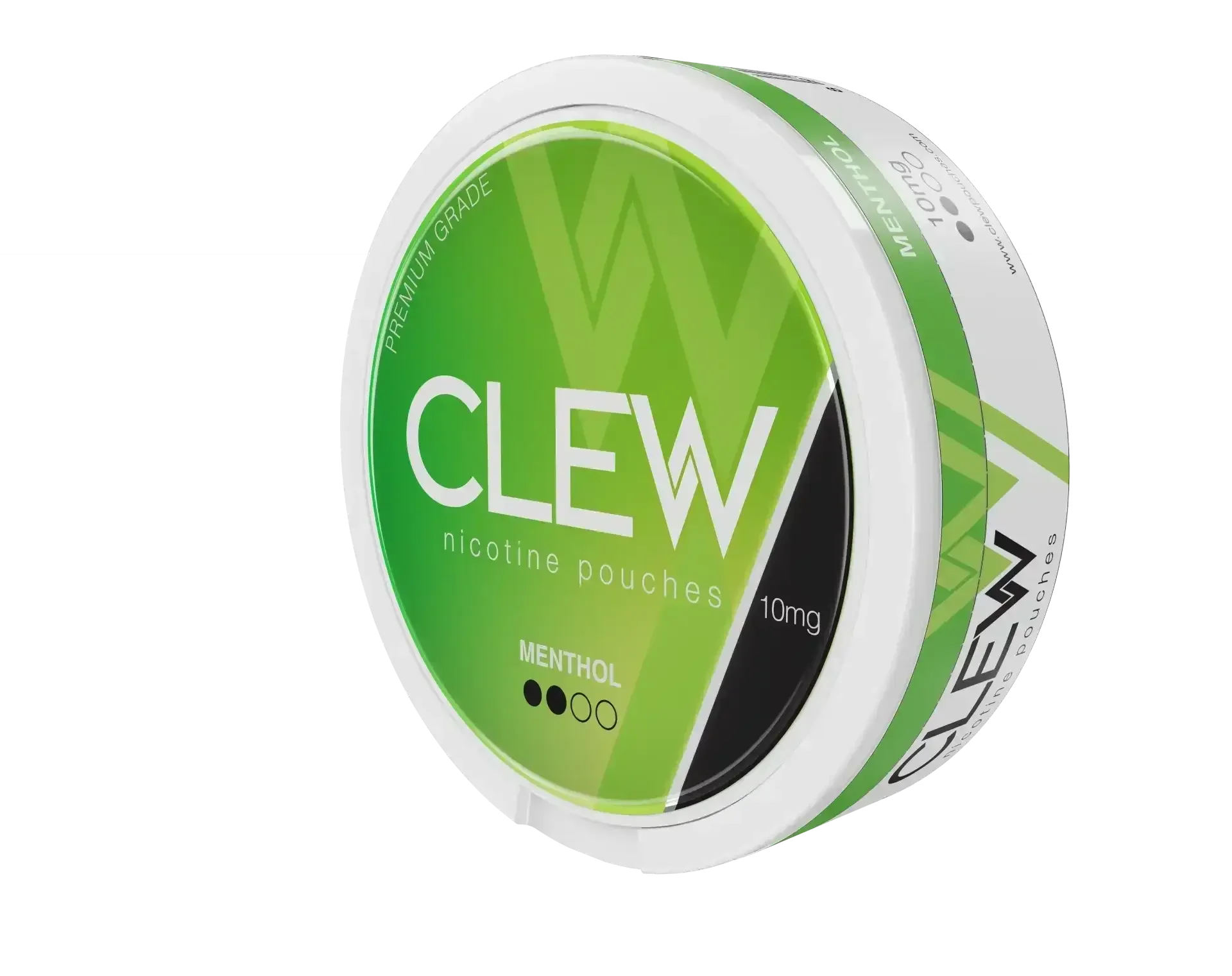 Round white container with labelled CLEW nicotine pouches, MENTHOL flavour and 10mg strength.