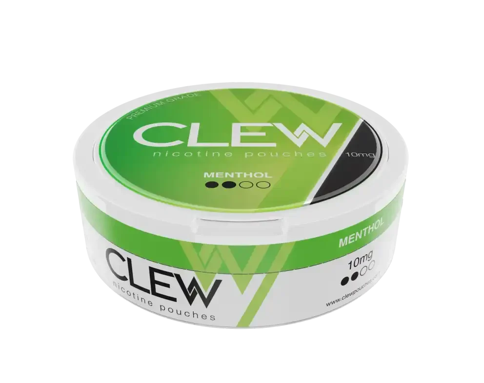 Round white container with labelled "CLEW nicotine pouches, MENTHOL" flavour and "10mg" strength.