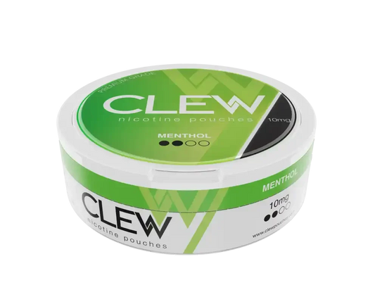 Round white container with labelled CLEW nicotine pouches, MENTHOL flavour and 10mg strength.