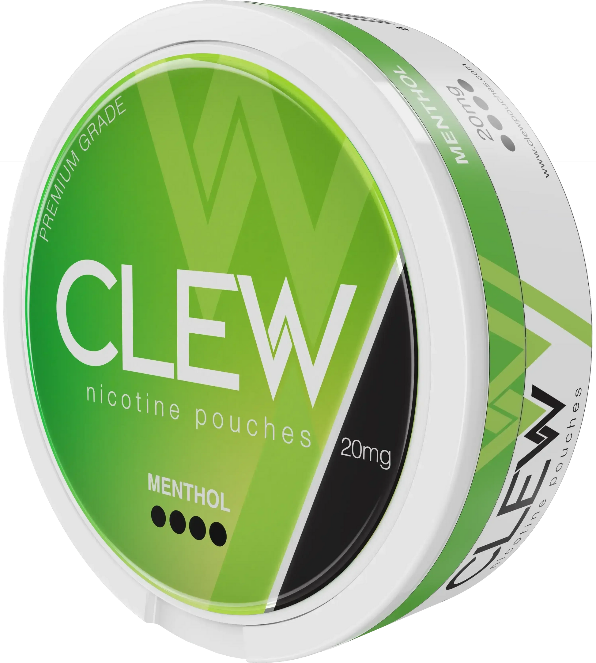 Round white container with labelled CLEW nicotine pouches, MENTHOL flavour and 20mg strength.