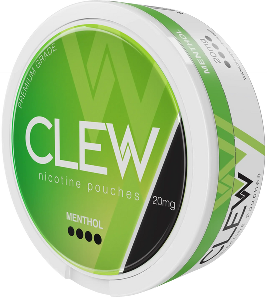 Round white container with labelled CLEW nicotine pouches, MENTHOL flavour and 20mg strength.