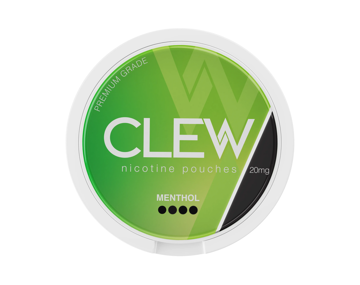 Round white container with labelled "CLEW nicotine pouches, MENTHOL" flavour and "20mg" strength.
