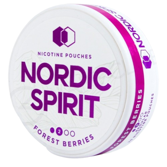 Nordic Spirit nicotine pouches packaging with purple and white design on a white background