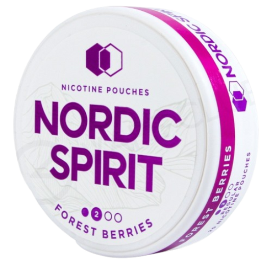 Nordic Spirit nicotine pouches label with purple text on a white background