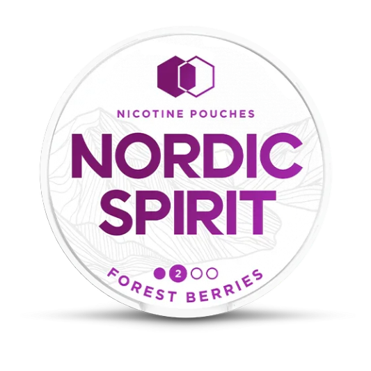 Nordic Spirit nicotine pouches label with purple text on a white background