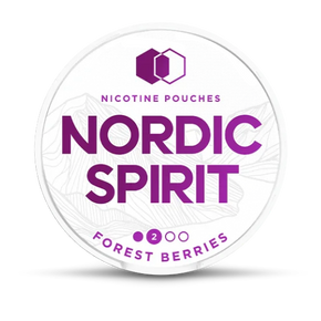 Nordic Spirit nicotine pouches label with purple text on a white background
