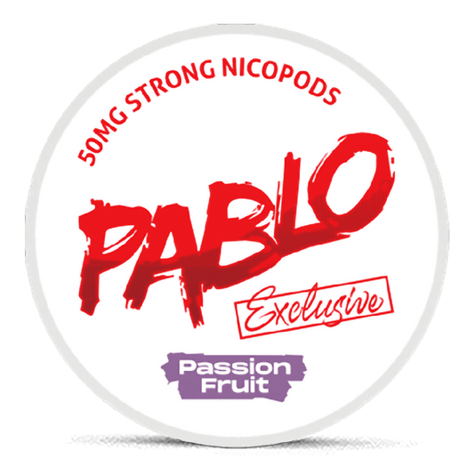 Pablo Nicopod container with red and purple text on a white background