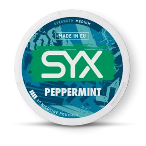 SYX peppermint nicotine pouch container on a white background