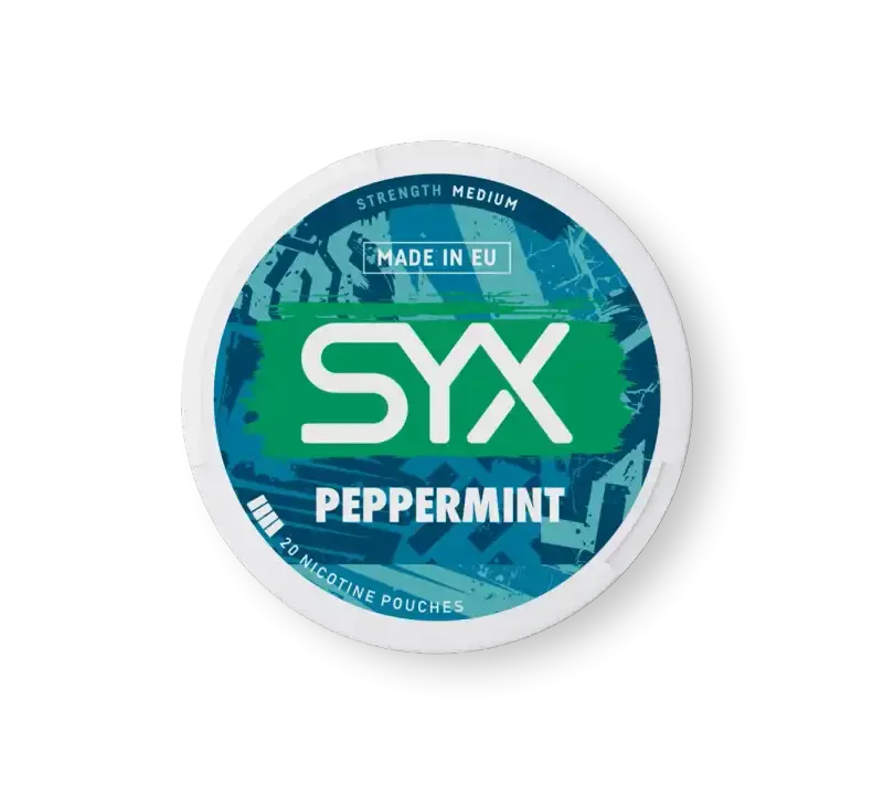 SYX peppermint nicotine pouch container on a white background