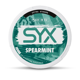 SYX Spearmint nicotine pouch container on a white background