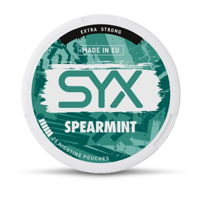 SYX Spearmint nicotine pouch container on a white background