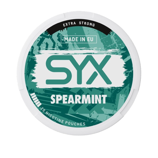 SYX Spearmint nicotine pouch container on a white background