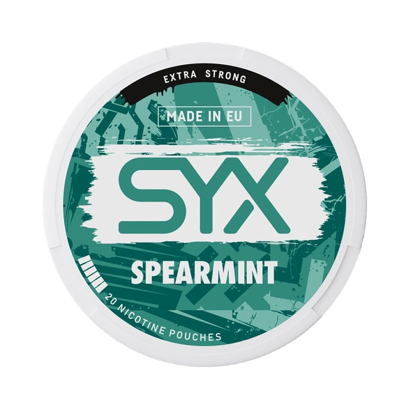 SYX Spearmint nicotine pouch container on a white background