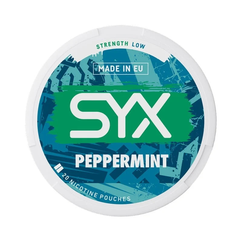 SYX peppermint nicotine pouch container on a white background