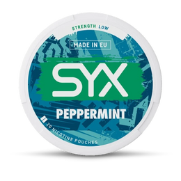SYX peppermint nicotine pouch container on a white background