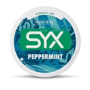 SYX peppermint nicotine pouch container on a white background