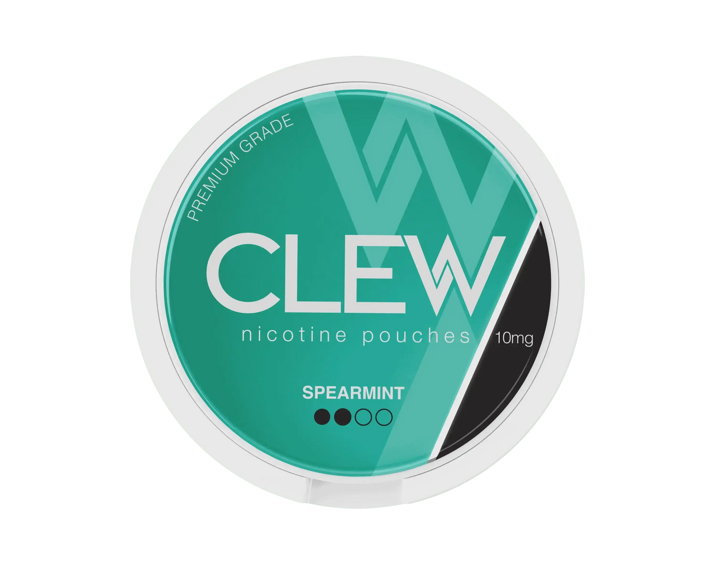 Top view of a CLEW Spearmint 10mg nicotine pouches container.