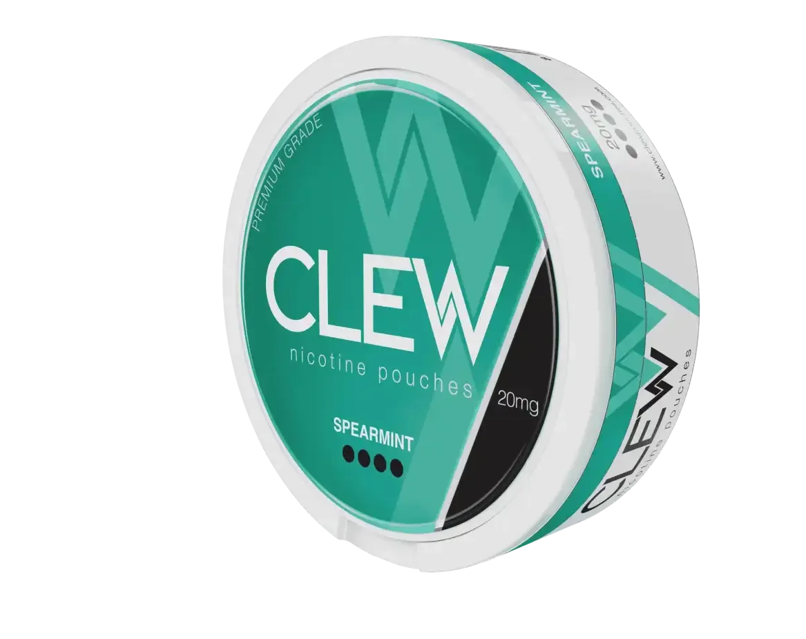 Angled view of a CLEW Spearmint 20mg nicotine pouches container.