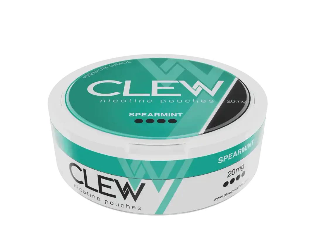 Side view of a CLEW Spearmint 20mg nicotine pouches container.
