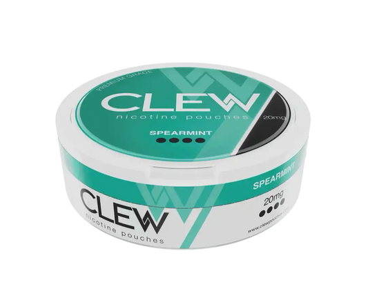 Angled view of a CLEW Spearmint 20mg nicotine pouches container.