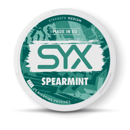 SYX Spearmint nicotine pouch container on a black background