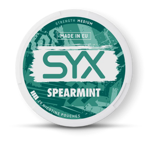 SYX Spearmint nicotine pouch container on a black background