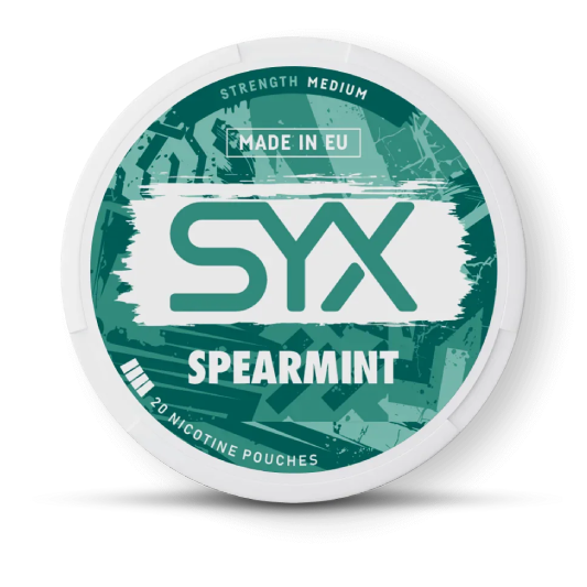 SYX Spearmint nicotine pouch container on a black background