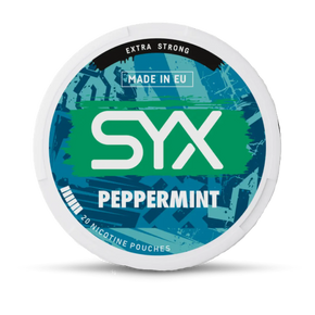SYX peppermint nicotine pouch container on a white background