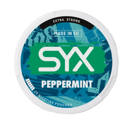 SYX peppermint nicotine pouch container on a white background