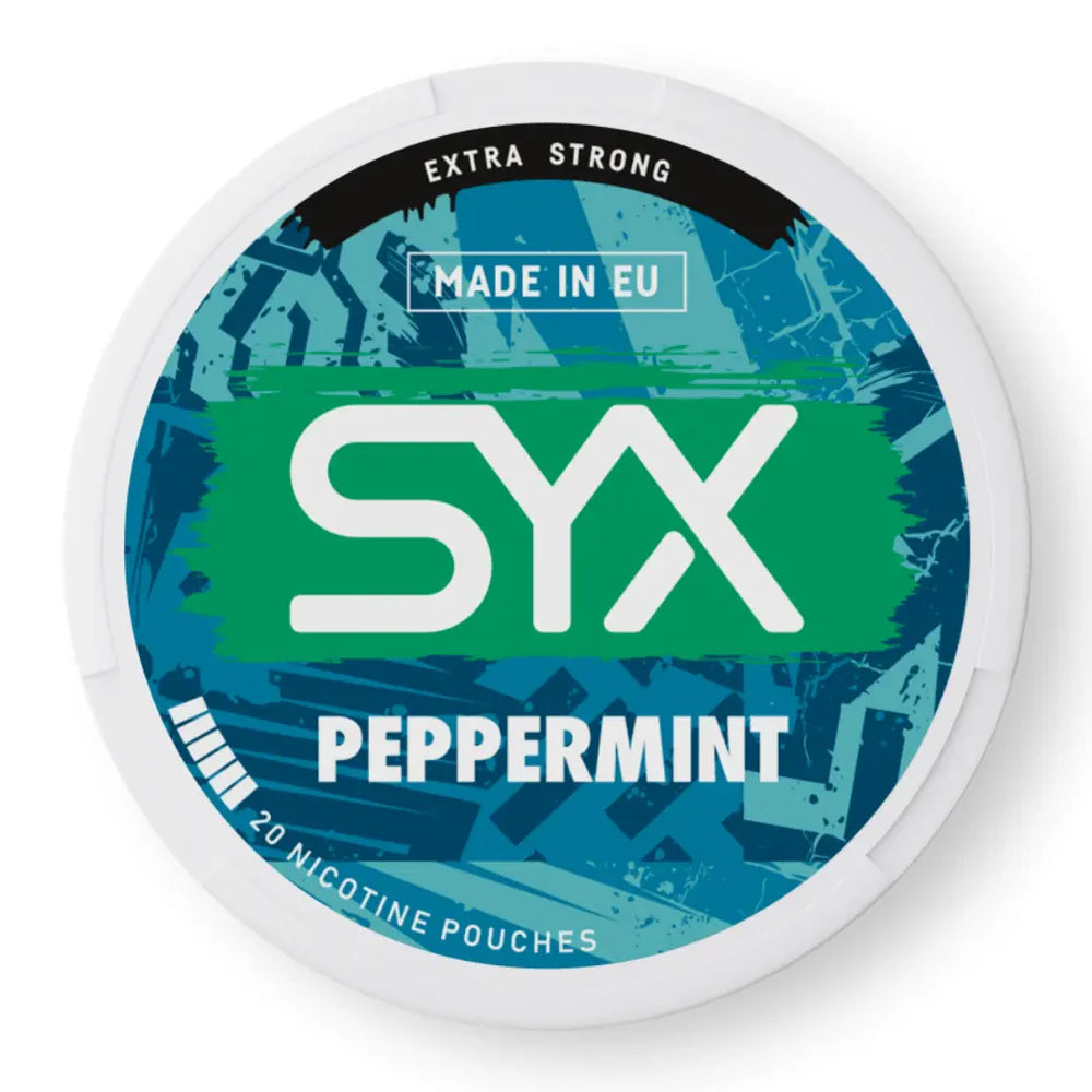 SYX peppermint nicotine pouch container on a white background