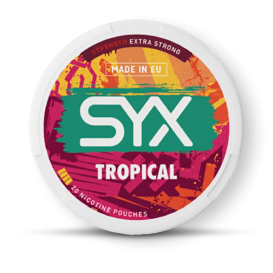 SYX Tropical nicotine pouches packaging on a black background