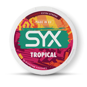 SYX Tropical nicotine pouches packaging on a black background