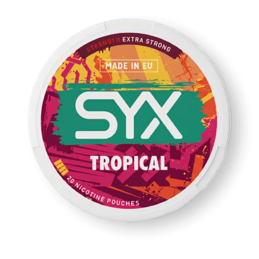 SYX Tropical nicotine pouches packaging on a black background