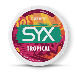 SYX Tropical nicotine pouches packaging on a black background