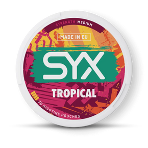 SYX Tropical nicotine pouches packaging on a black background