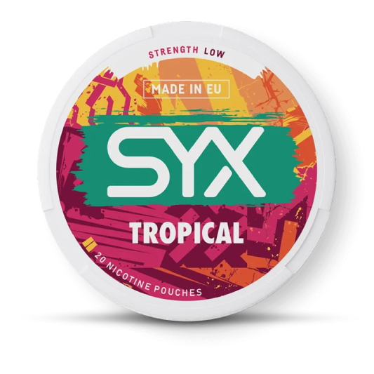 SYX Tropical nicotine pouches packaging on a black background