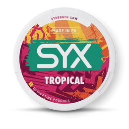 SYX Tropical nicotine pouches packaging on a black background