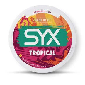 SYX Tropical nicotine pouches packaging on a black background
