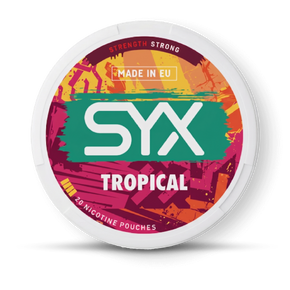SYX Tropical nicotine pouches packaging on a black background