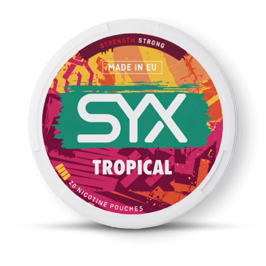 SYX Tropical nicotine pouches packaging on a black background