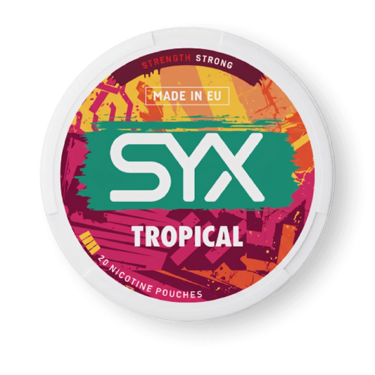 SYX Tropical nicotine pouches packaging on a black background