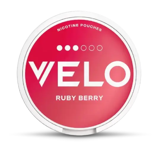Red container of Velo Ruby Berry nicotine pouches on a white background