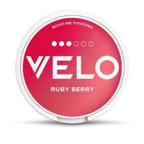 Red container of Velo Ruby Berry nicotine pouches on a white background