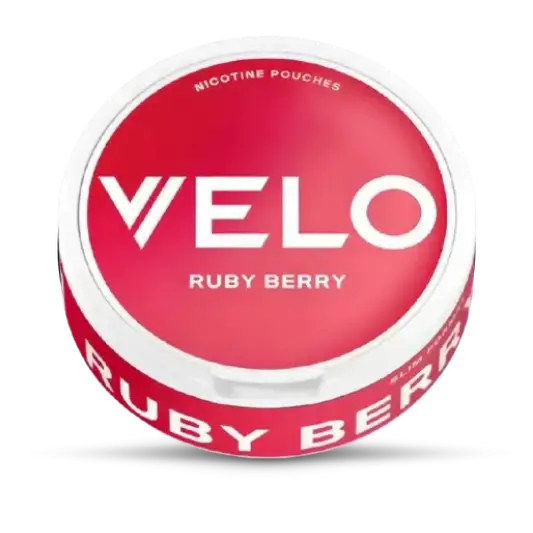 Red container of Velo Ruby Berry nicotine pouches on a white background