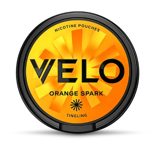 VELO Orange Spark nicotine pouches can, front view