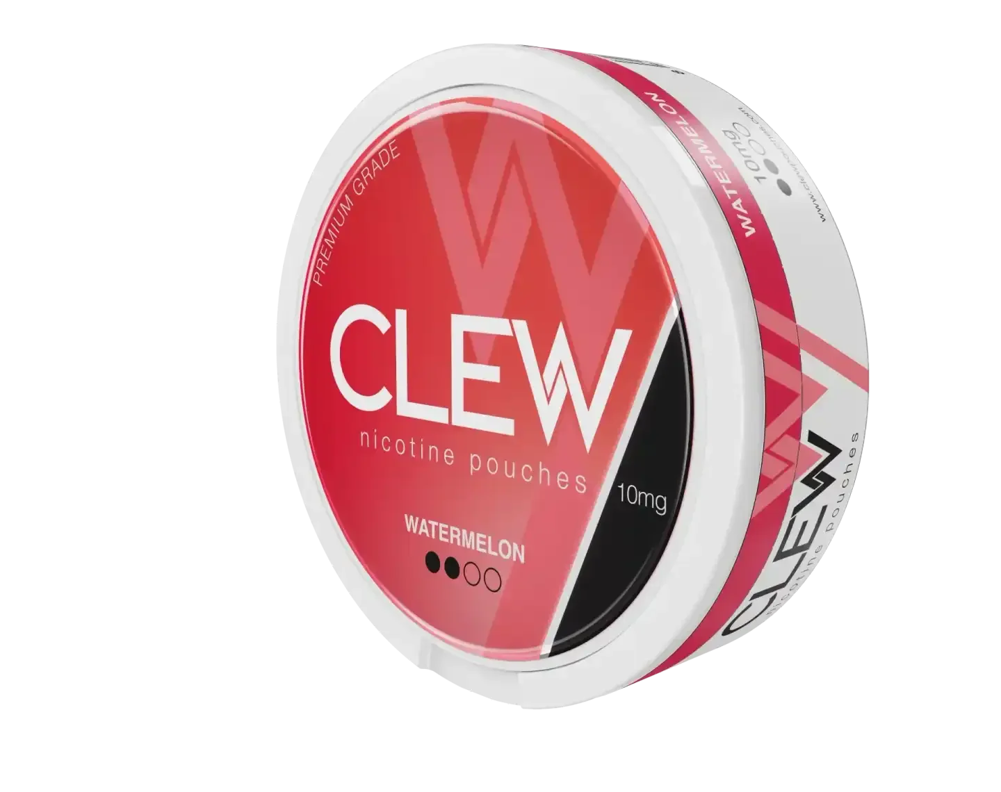 Clew nicotine pouches container with red and white design on a white background