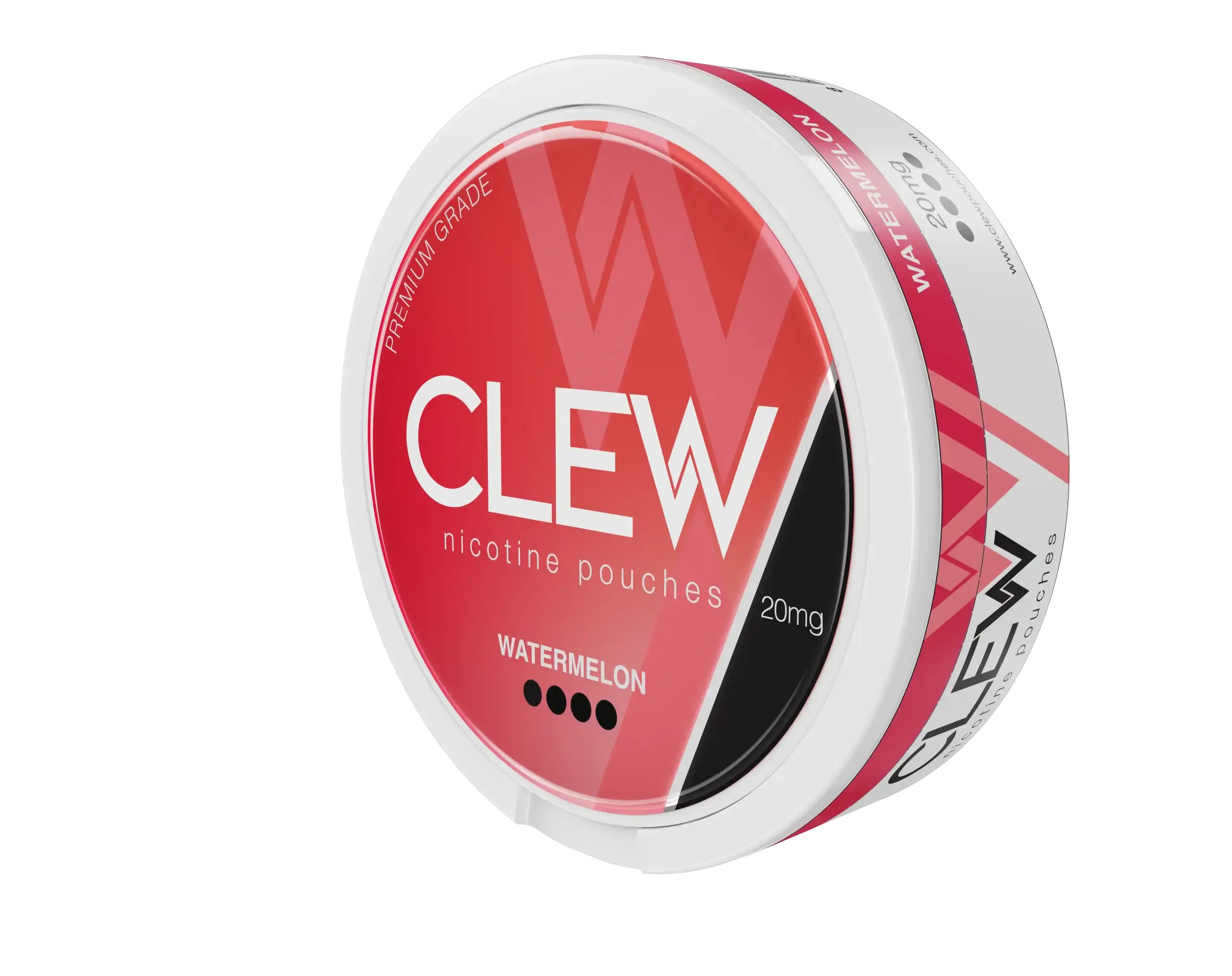 Watermelon 20mg nicotine pouches can, angled view