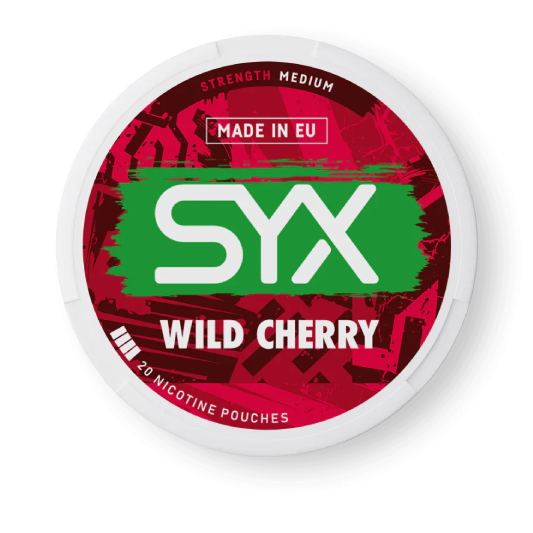 SYX Wild Cherry nicotine pouches packaging on a black background