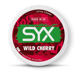 SYX Wild Cherry nicotine pouches packaging on a black background