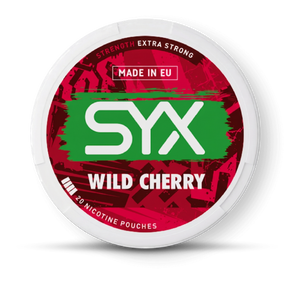 SYX Wild Cherry nicotine pouches packaging on a black background